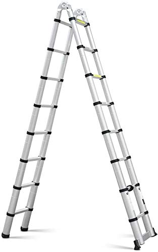 FIXKIT 5M(2,5M+2,5m) Escalera Plegable Aluminio, Escalera Telescópica, Escalera Alta Multifuncional Portátil para Loft,16 Escalones Antideslizantes y Ruedas en Parte Inferior, 150kg