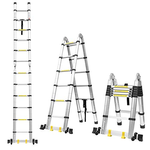FIXKIT 5M(2,5M+2,5m) Escalera Plegable Aluminio, Escalera Telescópica, Escalera Alta Multifuncional Portátil para Loft,16 Escalones Antideslizantes y Ruedas en Parte Inferior, 150kg