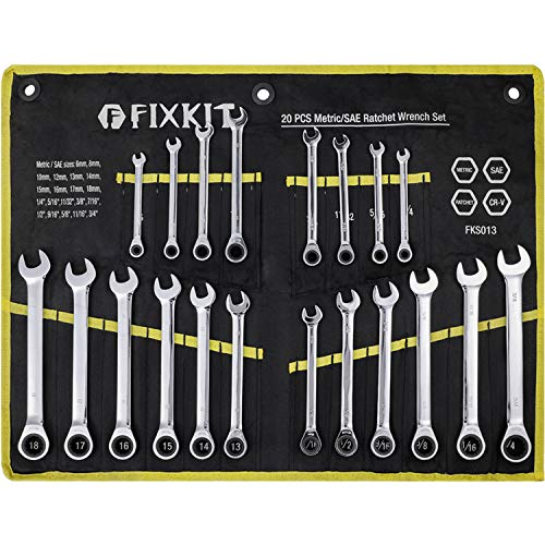 FIXKIT Juego de Llaves con Carraca Combinadas 20 uds, 6-18 mm y 1/4 '' - 3/4 ', Kit de llaves Trinquete Inglesas Estándar SAE, de Acero CrV, con Bolsa de Lona Portátil FIXKIT Juego de Llaves con Carraca Combinadas 20 uds, 6-18 mm y 1/4 '' - 3/4 ', Kit de llaves Trinquete Inglesas Estándar SAE, de Acero CrV, con Bolsa de Lona Portátil