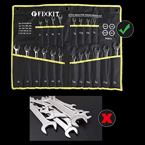 FIXKIT Juego de Llaves con Carraca Combinadas 20 uds, 6-18 mm y 1/4 '' - 3/4 ', Kit de llaves Trinquete Inglesas Estándar SAE, de Acero CrV, con Bolsa de Lona Portátil