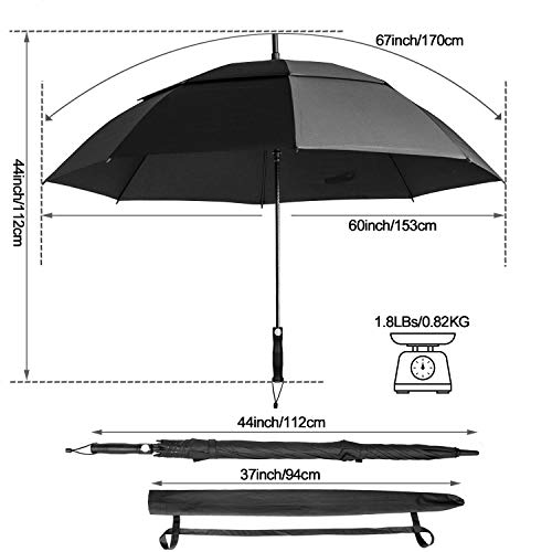 Fixm Paraguas Tipo Golf, 68" Paraguas De Golf Automático, Doble Dosel, Ventilado Y Extra Grande, Impermeable, Antideslizante Y Duradero, A Prueba De Viento Y Lluvia, Y Resistente Al Sol (Negro)