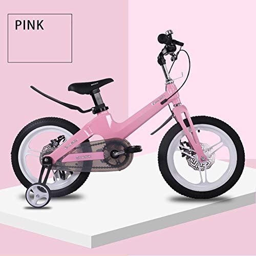 FJ-MC Bicicleta de niños 12", 14", 16", 18" para niños y niñas, Marco de aleación de magnesio con Doble Freno de Disco, Ruedas de Entrenamiento, para niños de 2 a 5 años,Pink,16