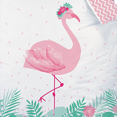 Flamingo Juego de ropa de cama · HELLO · Moderno flamenco pájaro/flores tropicales · Diseño reversible · Rosa Turquesa – Funda de almohada 80 x 80 + Funda nórdica 135 x 200 cm – 100% algodón