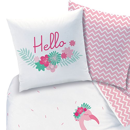 Flamingo Juego de ropa de cama · HELLO · Moderno flamenco pájaro/flores tropicales · Diseño reversible · Rosa Turquesa – Funda de almohada 80 x 80 + Funda nórdica 135 x 200 cm – 100% algodón