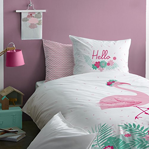 Flamingo Juego de ropa de cama · HELLO · Moderno flamenco pájaro/flores tropicales · Diseño reversible · Rosa Turquesa – Funda de almohada 80 x 80 + Funda nórdica 135 x 200 cm – 100% algodón