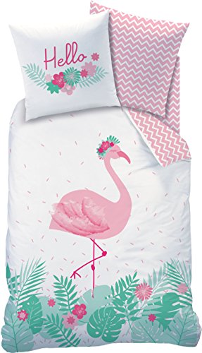 Flamingo Juego de ropa de cama · HELLO · Moderno flamenco pájaro/flores tropicales · Diseño reversible · Rosa Turquesa – Funda de almohada 80 x 80 + Funda nórdica 135 x 200 cm – 100% algodón