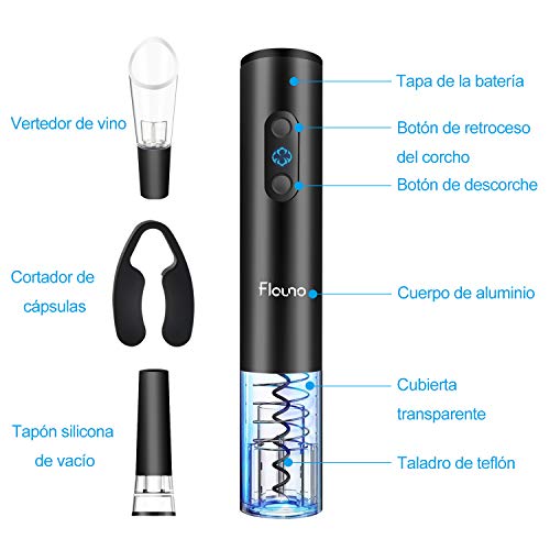 Flauno Sacacorchos Eléctrico Inalámbrico, Profesional Automatico Abrelatas de Vino, Abridor Botellas Recargable con Corta Cápsulas, Vertedor de Vino, Tapón de Vino Silicona de Vacío, Caja de Regalo