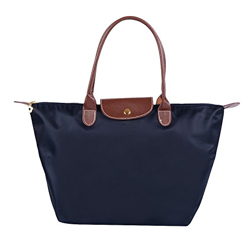 Fletion - Bolso de nailon impermeable para mujer, bolso de hombro, plegable, bolsa de viaje azul marino L:52 cm*32 cm*20 cm