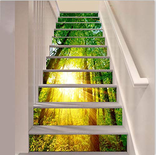 FLFK 3D Sol Verde Árboles Bosque auto-adhesivos Pegatinas de Escalera pared pintura vinilo Escalera calcomanía Decoración 39.3 pulgadasX 7.08 pulgadasX 13Piezas