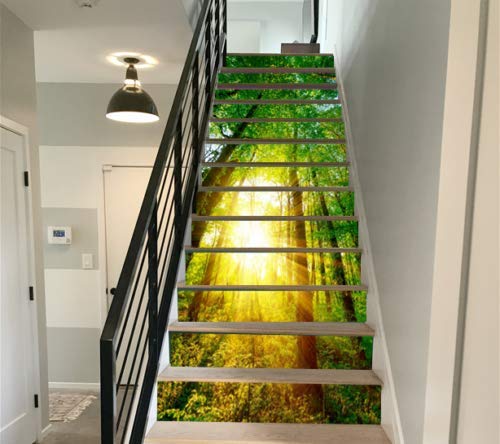 FLFK 3D Sol Verde Árboles Bosque auto-adhesivos Pegatinas de Escalera pared pintura vinilo Escalera calcomanía Decoración 39.3 pulgadasX 7.08 pulgadasX 13Piezas