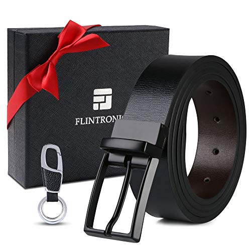 flintronic Cinturón Cuero Hombre, 125cm Cinturón con Reversible Correa de Hebilla de Pin Para Jeans, Trajes, Ropa Informal y Formal, Negro y Marrón(con llavero y caja de regalo)