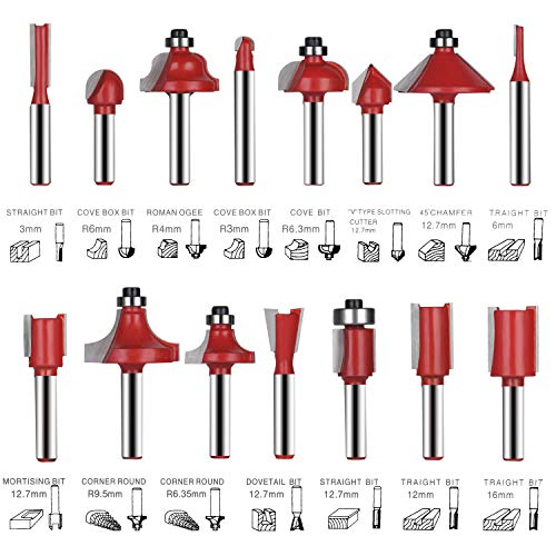 flintronic Fresas Set, 15 PCS Cortadores Madera de Diámetro de Caña Herramienta de Fresado | Kit de Herramientas de Carpintería con Caja de Madera para el Hogar y Bricolaje