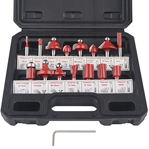 flintronic Fresas Set, 15 PCS Cortadores Madera de Diámetro de Caña Herramienta de Fresado | Kit de Herramientas de Carpintería con Caja de Madera para el Hogar y Bricolaje