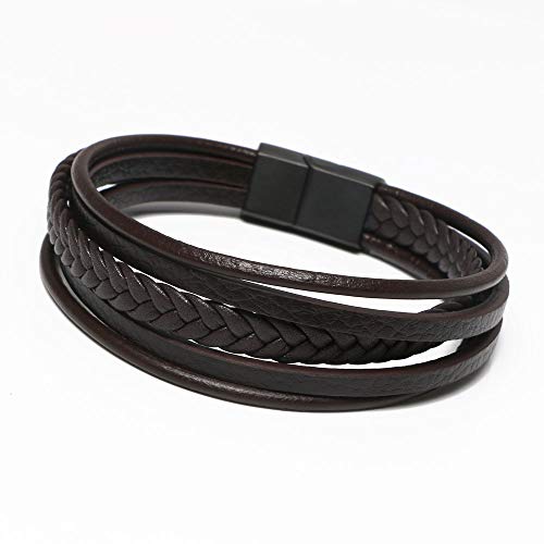 flintronic® Pulsera Hombre, Cuero Brazalete Trenzado Cruzada, Pulsera Cuero Trenzado Hombre, Acero Pulsera Trenzada con Cierre Magnética Inoxidable - Negro