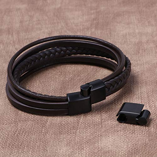 flintronic® Pulsera Hombre, Cuero Brazalete Trenzado Cruzada, Pulsera Cuero Trenzado Hombre, Acero Pulsera Trenzada con Cierre Magnética Inoxidable - Negro