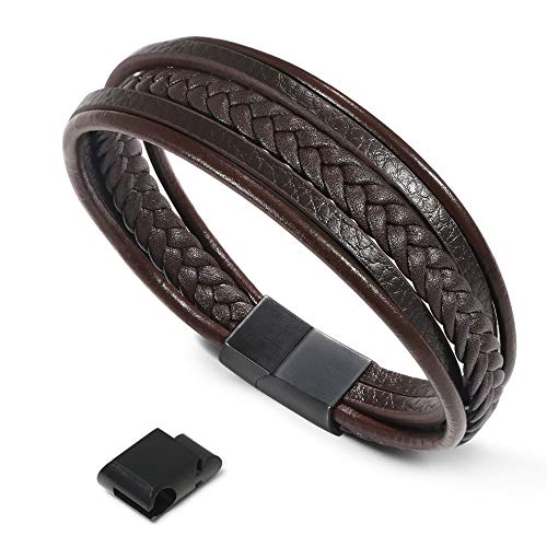 flintronic® Pulsera Hombre, Cuero Brazalete Trenzado Cruzada, Pulsera Cuero Trenzado Hombre, Acero Pulsera Trenzada con Cierre Magnética Inoxidable - Negro