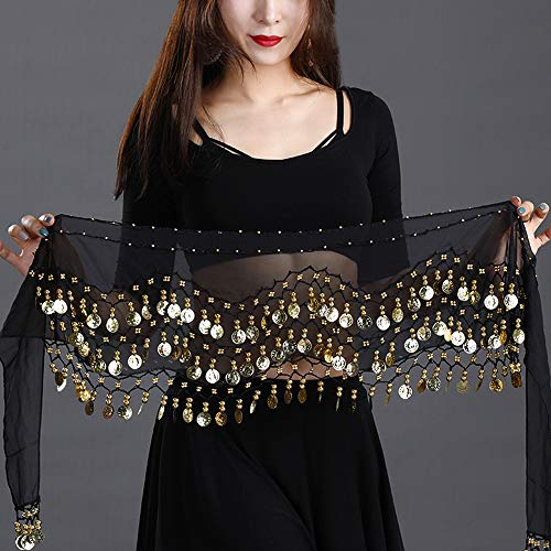 FLOFIA 1pc Cinturón Danza del Vientre Mujer Bufanda Pañuelo de cCintura Cadera Falda para Danza Baile Oriental con 128 Monedas Lentejuelas Belly Dance Scarf Belt - Negro FLOFIA 1pc Cinturón Danza del Vientre Mujer Bufanda Pañuelo de cCintura Cadera Falda para Danza Baile Oriental con 128 Monedas Lentejuelas Belly Dance Scarf Belt - Negro