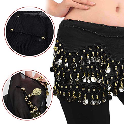 FLOFIA 1pc Cinturón Danza del Vientre Mujer Bufanda Pañuelo de cCintura Cadera Falda para Danza Baile Oriental con 128 Monedas Lentejuelas Belly Dance Scarf Belt - Negro