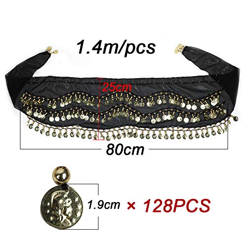 FLOFIA 1pc Cinturón Danza del Vientre Mujer Bufanda Pañuelo de cCintura Cadera Falda para Danza Baile Oriental con 128 Monedas Lentejuelas Belly Dance Scarf Belt - Negro