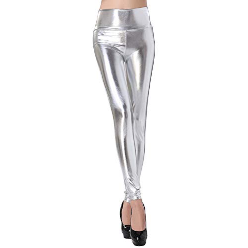 FLOFIA Leggings Leggins Plateados Mujer Leggings Metalizados Brillantes Cuero PU Sintético Skinny Elásticos con Cintura Alta para Deportes Yoga Gimnasio Baile Discoteca Fiesta Disfraz los Años 80 M/L