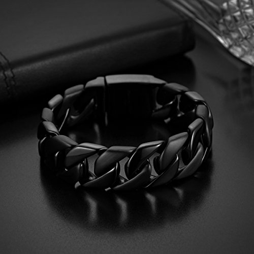 Flongo Grande Pulsera de Hombre Acero Inoxidable, Brazalete de Color Negro eslabones Link 20mm, Pulsera Punk Rock Biker 22cm, Regalo para Hombre