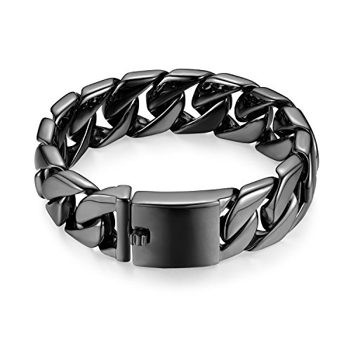 Flongo Grande Pulsera de Hombre Acero Inoxidable, Brazalete de Color Negro eslabones Link 20mm, Pulsera Punk Rock Biker 22cm, Regalo para Hombre