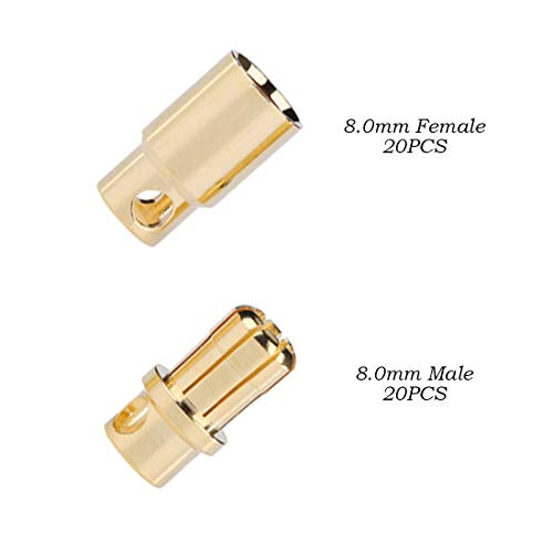 FLY RC 20Pares Conector Banana de Bala Macho Hembra 8.0MM 8MM Chapado en Oro para Motor ESC Batería Lipo (8mm)