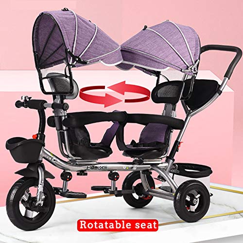 FLy Triciclo para Bebé con Pedales Plegables Triciclo para Gemelos Asiento Doble con Cesta Toldo Extraíble, con Asa De Empuje Desmontable Ajuste De 12 Meses A 6 Años,Púrpura