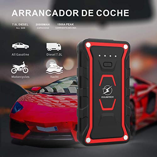 FLYLINKTECH Arrancador de Coches, 1500A 20000mAh Arrancador Batería Coche (para Todo vehículo de Gasolina o 7.0L de Diesel) de IP68 Impermeable Batería Arrancador de Coche, Carga Rápida QC3.0