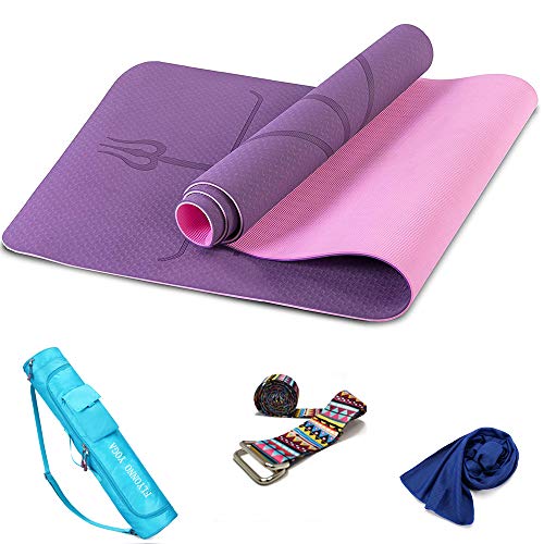 FLYONNO Esterilla Yoga Antideslizante - Esterilla Deporte Antideslizante con TPE de Material Natural,con líneas corporales para Pilates,Fitness Yoga Mat