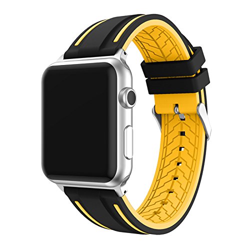 Fmway Repuesto de Correa Reloj de Silicona para Apple Watch Series 4 42mm, Apple Watch Series 3/2/1 42mm, Hombre y Mujer (Apple Watch Series 4, Negro + Amarillo)