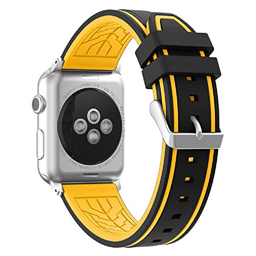 Fmway Repuesto de Correa Reloj de Silicona para Apple Watch Series 4 42mm, Apple Watch Series 3/2/1 42mm, Hombre y Mujer (Apple Watch Series 4, Negro + Amarillo)