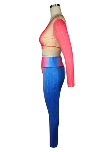 FOBEXISS Ropa deportiva casual para mujer, casual, teñido anudado, 2 piezas, trajes sexys de cuello redondo, manga larga y leggings de cintura alta.