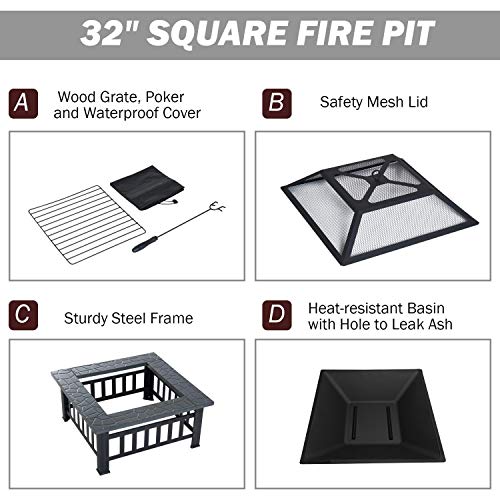 FOBUY Exterior Metal para Aire Libre Brasero 3 en 1 Pozo de fuego / Barbacoa / Cubo de hierro Jardín Patio Playa Terraza Fogón para Jardín Multifuncional BBQ (con Tapa y Malla), Color Negro