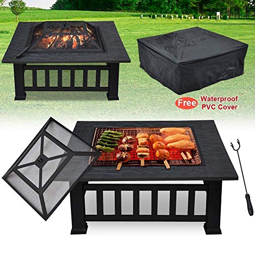 FOBUY Exterior Metal para Aire Libre Brasero 3 en 1 Pozo de fuego / Barbacoa / Cubo de hierro Jardín Patio Playa Terraza Fogón para Jardín Multifuncional BBQ (con Tapa y Malla), Color Negro