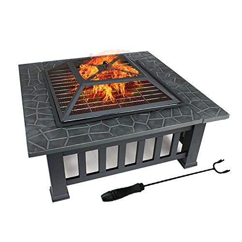 FOBUY Exterior Metal para Aire Libre Brasero 3 en 1 Pozo de fuego / Barbacoa / Cubo de hierro Jardín Patio Playa Terraza Fogón para Jardín Multifuncional BBQ (con Tapa y Malla), Color Negro