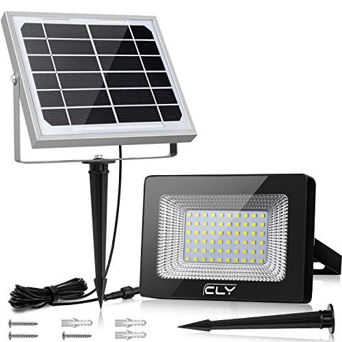 Foco Solar CLY 60 LED Luz Solar Lámpara Solar Exterior 60 LED con Batería 4000mAh Panel Solar ENCENDIDO/APAGADO Automáticamente IP66 Impermeable, Lámpara Solar para Jardín, Calle y Garaje