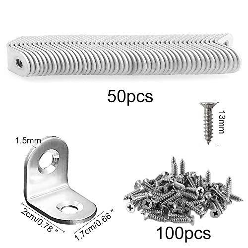 FOGAWA 50pcs Soportes de Esquina en Forma L Estante de Ángulo Recto de Acero Inoxidable Escuadra Pequeña de 90 Grado para Reforzar y Reparar Muebles de Madera con 100 Tornillos Plata