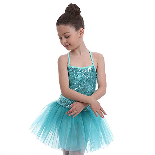 FONLAM Vestido Maillot de Ballet para Niña Vestido Danza Gimnasia Patinaje Tutú Ballet Niña Brillante (Turquesa, 5-6 Años)