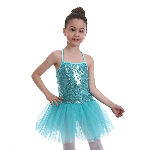 FONLAM Vestido Maillot de Ballet para Niña Vestido Danza Gimnasia Patinaje Tutú Ballet Niña Brillante (Turquesa, 5-6 Años)