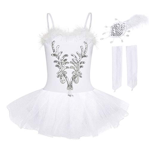 FONLAM Vestido Maillot de Ballet Tutú Niña, Blanco, 11-12 aÃ±os