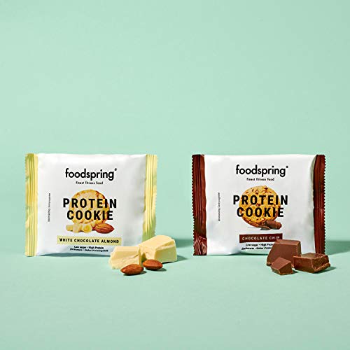 foodspring Cookie Proteica, Chocolate Blanco y Almendra, 12 x 50g, textura de galleta y almendras reales, mucha proteína, poca azúcar, snack saludable