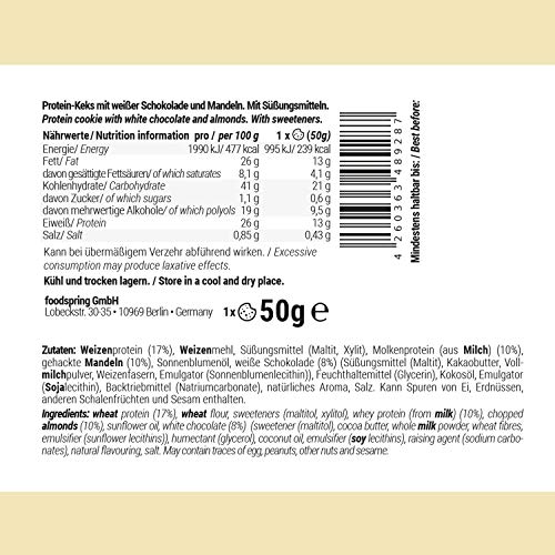 foodspring Cookie Proteica, Chocolate Blanco y Almendra, 12 x 50g, textura de galleta y almendras reales, mucha proteína, poca azúcar, snack saludable