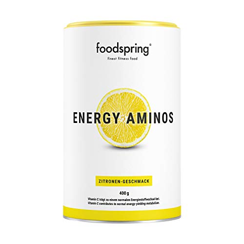 foodspring Energy Aminos, 400g, Sabor Limón, Bebida pre-entreno con vitaminas C, B3, B12, cafeína, piperina y BCAA veganos