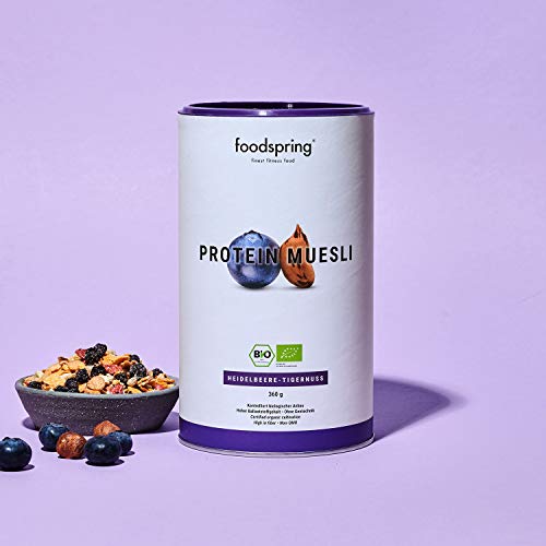foodspring Muesli Proteico, 360g, Arándanos y chufas, Ingredientes 100% orgánicos, Garantizado vegano y sin lactosa