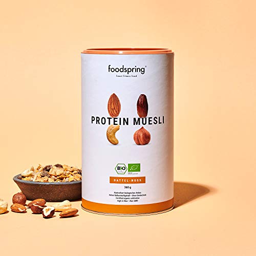 foodspring Muesli Proteico, 360g, Dátiles-Frutos secos, Ingredientes 100% orgánicos, Garantizado vegano y sin lactosa