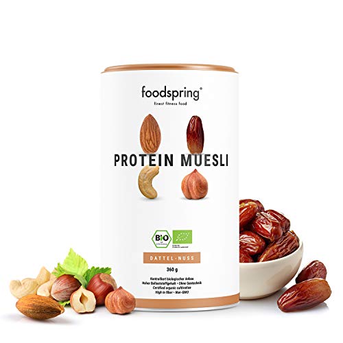 foodspring Muesli Proteico, 360g, Dátiles-Frutos secos, Ingredientes 100% orgánicos, Garantizado vegano y sin lactosa