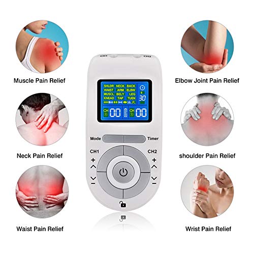 FOOSKOO Tens electroestimulador, 12 Modos Tens Electroestimulador con 4 Reutilizable Electrodo Almohadillas for Alivio Dolor Legumbres Masaje EMS Músculo Estímulo Electroestimulador Muscular