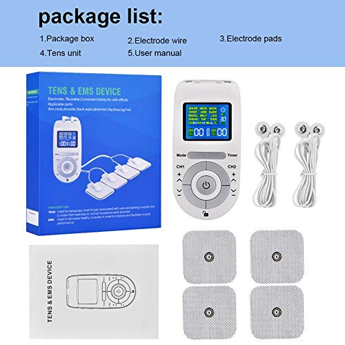 FOOSKOO Tens electroestimulador, 12 Modos Tens Electroestimulador con 4 Reutilizable Electrodo Almohadillas for Alivio Dolor Legumbres Masaje EMS Músculo Estímulo Electroestimulador Muscular