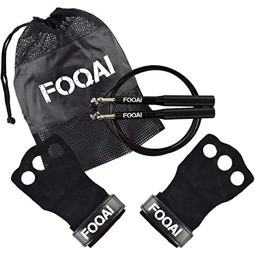 FOQAI - Pack de manoplas Crossfit de piel suave + cuerda de saltar 360 ajustable para hombres, mujeres y niños. Accesorios y guante de musculación, gimnasia y Crossfit, pack de arranque, mejor agarre.